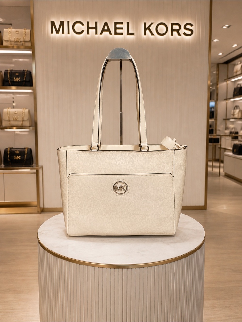 Michael Kors Ivory Leather Tote with MK Logo